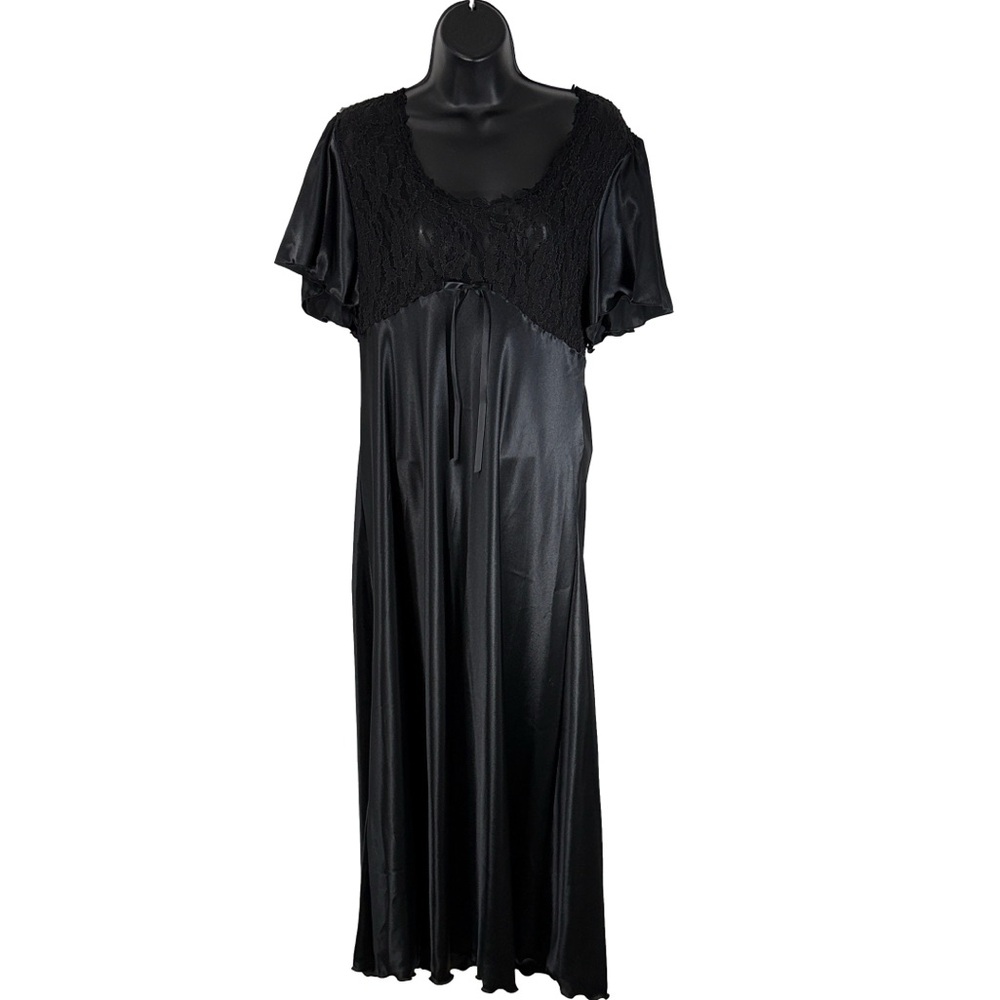 Vintage Unmentionables Black Satin Nightgown Lace Bodice Maxi Sleep Dress - Picture 3 of 8
